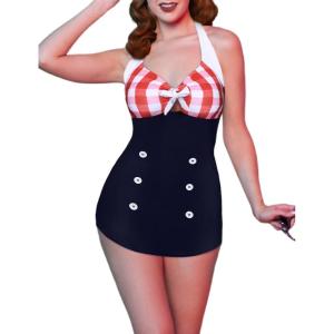 Ekouaer Womens One Piece Swimsuits Vintage Striped Skirt Bathing Suit Vintage Retro Push Up Swimwear(Red Plaid)