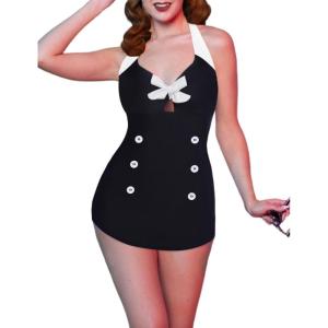 Ekouaer Womens One Piece Swimsuits Vintage Striped Skirt Bathing Suit Vintage Retro Push Up Swimwear(Solid Black)