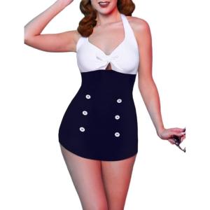 Ekouaer Womens One Piece Swimsuits Vintage Striped Skirt Bathing Suit Vintage Retro Push Up Swimwear(White)