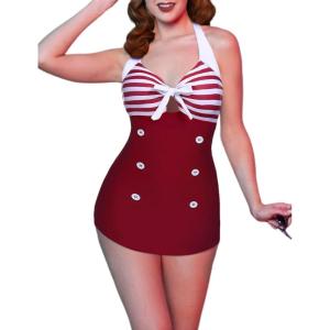 Ekouaer Womens One Piece Swimsuits Vintage Striped Skirt Bathing Suit Vintage Retro Push Up Swimwear(Wine Red Stripes)