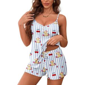 Ekouaer Women’s Pajama Sets Sleeveless Pj Set 2 Piece V Neck Adjustable Cami Tops Drawstring Shorts Lingerie Sleepwear(Z-teddy Bear)