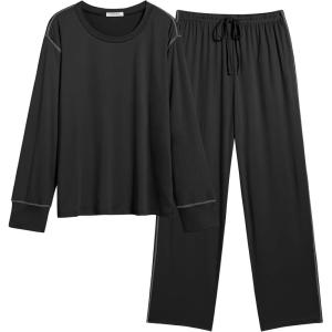 Ekouaer Women’s Pajamas Set 2 Piece Lounge Sets Long Sleeve Crewneck Top and Pants Soft Pjs with Pockets(Black)
