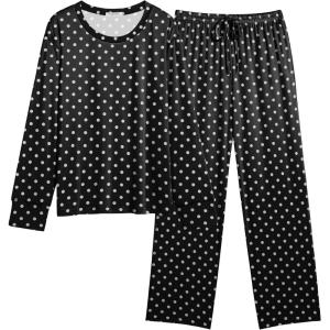 Ekouaer Women’s Pajamas Set 2 Piece Lounge Sets Long Sleeve Crewneck Top and Pants Soft Pjs with Pockets(Black Dots)
