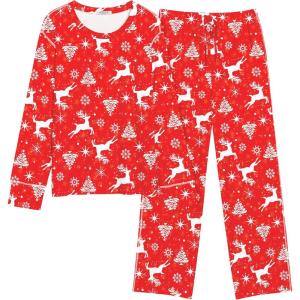 Ekouaer Women’s Pajamas Set 2 Piece Lounge Sets Long Sleeve Crewneck Top and Pants Soft Pjs with Pockets(Christmas Elk – Red)