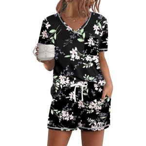 Ekouaer Women’s Pajamas Sets Short Sleeve Lounge Sets Sleepwear Casual Two Piece Pjs With Pockets(Black Floral)