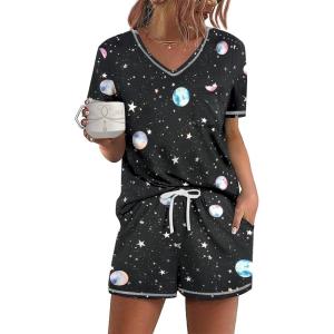 Ekouaer Women’s Pajamas Sets Short Sleeve Lounge Sets Sleepwear Casual Two Piece Pjs With Pockets(Black Moon)