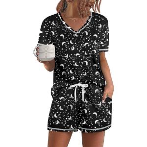 Ekouaer Women’s Pajamas Sets Short Sleeve Lounge Sets Sleepwear Casual Two Piece Pjs With Pockets(Black Moon Star)