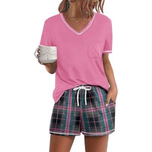 Ekouaer Women’s Pajamas Sets Short Sleeve Lounge Sets Sleepwear Casual Two Piece Pjs With Pockets(Black Pink Plaid)
