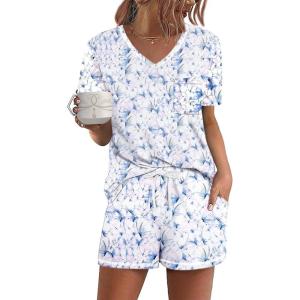 Ekouaer Women’s Pajamas Sets Short Sleeve Lounge Sets Sleepwear Casual Two Piece Pjs With Pockets(Blue Butterfly)