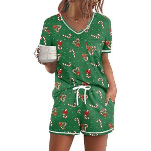 Ekouaer Women’s Pajamas Sets Short Sleeve Lounge Sets Sleepwear Casual Two Piece Pjs With Pockets(Christmas Cane Green)