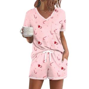 Ekouaer Women’s Pajamas Sets Short Sleeve Lounge Sets Sleepwear Casual Two Piece Pjs With Pockets(Christmas Cane Pink)