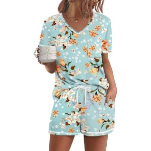 Ekouaer Women’s Pajamas Sets Short Sleeve Lounge Sets Sleepwear Casual Two Piece Pjs With Pockets(Green Floral)