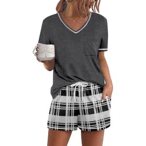 Ekouaer Women’s Pajamas Sets Short Sleeve Lounge Sets Sleepwear Casual Two Piece Pjs With Pockets(Grey Plaid)