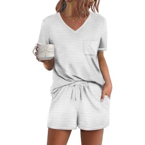 Ekouaer Women’s Pajamas Sets Short Sleeve Lounge Sets Sleepwear Casual Two Piece Pjs With Pockets(Grey Stripe)