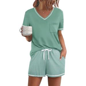 Ekouaer Women’s Pajamas Sets Short Sleeve Lounge Sets Sleepwear Casual Two Piece Pjs With Pockets(Plaid Green White)