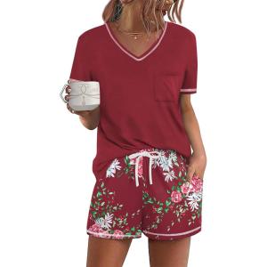 Ekouaer Women’s Pajamas Sets Short Sleeve Lounge Sets Sleepwear Casual Two Piece Pjs With Pockets(Red Floral)