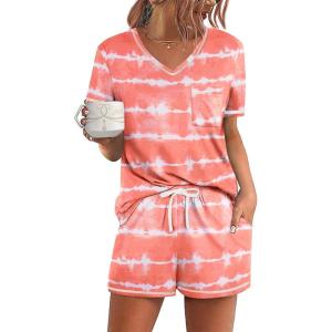 Ekouaer Women’s Pajamas Sets Short Sleeve Lounge Sets Sleepwear Casual Two Piece Pjs With Pockets(Wave)
