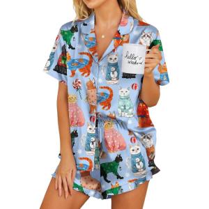 Ekouaer Womens Satin Pajamas Set Button Down 2 Piece Silk Pjs Shorts Set Ruffle Lingerie Notch Collar Sleepwear(Cat Collection)