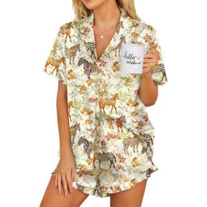 Ekouaer Womens Satin Pajamas Set Button Down 2 Piece Silk Pjs Shorts Set Ruffle Lingerie Notch Collar Sleepwear(Zebra Collection)