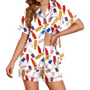 Ekouaer Womens Satin Silk Pajamas Set Short Sleeve Sleepwear Button Down Top and Shorts Loungewear 2 Piece Pjs Set S-XXL(Color Wine Bottles)
