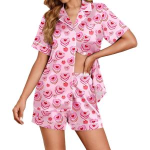 Ekouaer Womens Satin Silk Pajamas Set Short Sleeve Sleepwear Button Down Top and Shorts Loungewear 2 Piece Pjs Set S-XXL(Heart-shaped Cake)