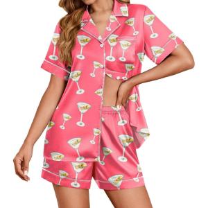 Ekouaer Womens Satin Silk Pajamas Set Short Sleeve Sleepwear Button Down Top and Shorts Loungewear 2 Piece Pjs Set S-XXL(Rose Red Cocktail Glass)