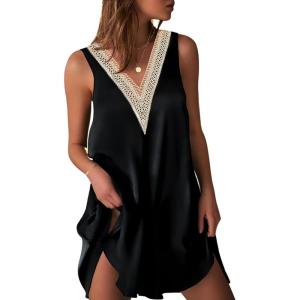 Ekouaer Womens Satin V Neck Nightgown Sleeveless Tank Sleepwear Nightdress(Black)
