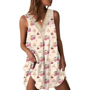 Ekouaer Womens Satin V Neck Nightgown Sleeveless Tank Sleepwear Nightdress(Cherry Teddy Bear)