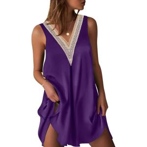 Ekouaer Womens Satin V Neck Nightgown Sleeveless Tank Sleepwear Nightdress(Purple)