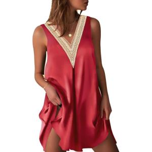 Ekouaer Womens Satin V Neck Nightgown Sleeveless Tank Sleepwear Nightdress(Red)