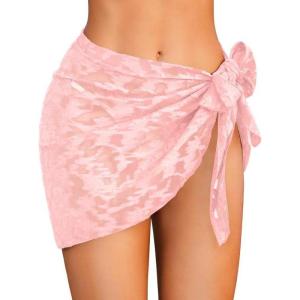 Ekouaer Women’s Short Sarongs Chiffon Cover Ups Sheer Bikini Wraps for Swimwear S-3XL(Lace-light Pink)