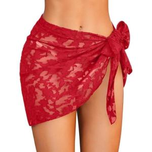 Ekouaer Women’s Short Sarongs Chiffon Cover Ups Sheer Bikini Wraps for Swimwear S-3XL(Lace-red)