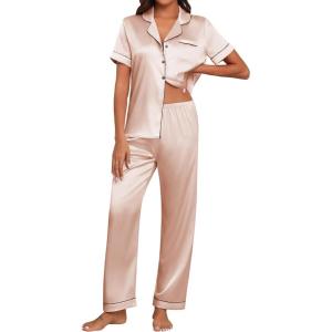 Ekouaer Womens Silk Pajama Sets Silky Short Sleeve Pjs 2 Piece Silk Button Down Pajamas Soft Satin Pj Pants Set(Champagne)