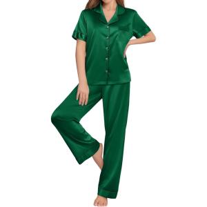 Ekouaer Womens Silk Pajama Sets Silky Short Sleeve Pjs 2 Piece Silk Button Down Pajamas Soft Satin Pj Pants Set(Dark Green)