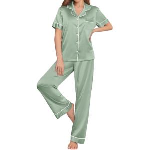Ekouaer Womens Silk Pajama Sets Silky Short Sleeve Pjs 2 Piece Silk Button Down Pajamas Soft Satin Pj Pants Set(Ice Green)