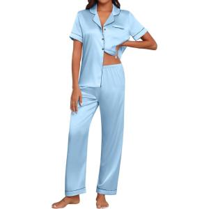 Ekouaer Womens Silk Pajama Sets Silky Short Sleeve Pjs 2 Piece Silk Button Down Pajamas Soft Satin Pj Pants Set(Light Blue)