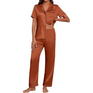 Ekouaer Womens Silk Pajama Sets Silky Short Sleeve Pjs 2 Piece Silk Button Down Pajamas Soft Satin Pj Pants Set(Light Brown)
