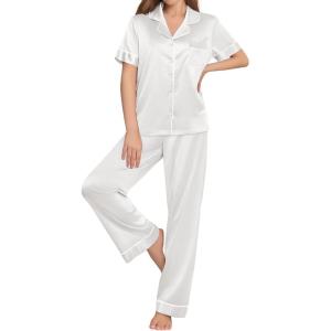Ekouaer Womens Silk Pajama Sets Silky Short Sleeve Pjs 2 Piece Silk Button Down Pajamas Soft Satin Pj Pants Set(White)