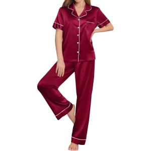 Ekouaer Womens Silk Pajama Sets Silky Short Sleeve Pjs 2 Piece Silk Button Down Pajamas Soft Satin Pj Pants Set(Wine Red)