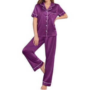 Ekouaer Womens Silk Pajama Sets Silky Short Sleeve Pjs 2 Piece Silk Button Down Pajamas Soft Satin Pj Pants Set(Wineberry)