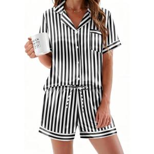 Ekouaer Womens Silk Satin Pajamas Sets 2 Piece Short Sleeve Sleepwear Button Down Top and Shorts Pjs Lounge Wear Sets(Black)