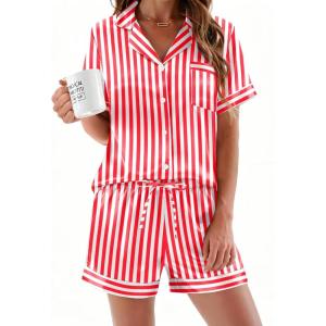 Ekouaer Womens Silk Satin Pajamas Sets 2 Piece Short Sleeve Sleepwear Button Down Top and Shorts Pjs Lounge Wear Sets(Red)