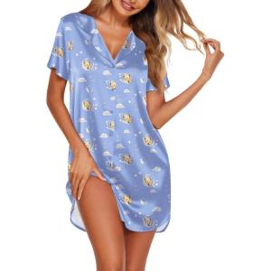 Ekouaer Women’s Sleepshirts Satin Silk Nightgown Short Sleeve Sleepwear Casual Print Sleepdress Boyfriend Pajamas Nightshirt(Blue Teddy)