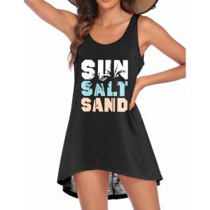 Ekouaer Women’s Sleeveless Swimwear Coverups T-Shirt Beach Dress Tank Bikini Cover Up with Print(A-black-coconut Palm)