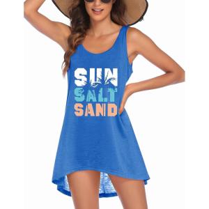 Ekouaer Women’s Sleeveless Swimwear Coverups T-Shirt Beach Dress Tank Bikini Cover Up with Print(A-blue-coconut Palm)