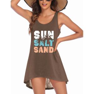 Ekouaer Women’s Sleeveless Swimwear Coverups T-Shirt Beach Dress Tank Bikini Cover Up with Print(A-brown-coconut Palm)