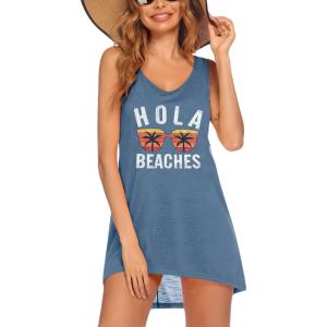 Ekouaer Women’s Sleeveless Swimwear Coverups T-Shirt Beach Dress Tank Bikini Cover Up with Print(A-sea Blue)