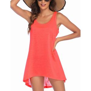 Ekouaer Women’s Sleeveless Swimwear Coverups T-Shirt Beach Dress Tank Bikini Cover Up with Print(B-orange-pink)