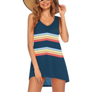 Ekouaer Women’s Sleeveless Swimwear Coverups T-Shirt Beach Dress Tank Bikini Cover Up with Print(B-stripe)