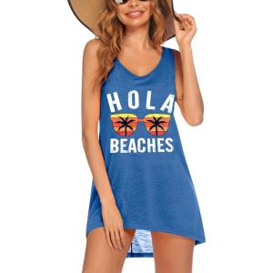Ekouaer Women’s Sleeveless Swimwear Coverups T-Shirt Beach Dress Tank Bikini Cover Up with Print(Ocean Blue)